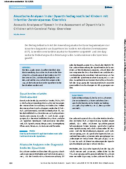Vorschauseite 1: Akustische Analysen in der Dysarthriediagnostik bei Kindern mit infantiler Zerebralparese: Überblick