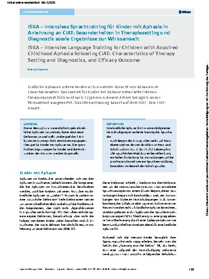 Vorschauseite 1: ISKA – Intensives Sprachtraining für Kinder mit Aphasie in Anlehnung an CIAT: Besonderheiten in Therapiesetting und Diagnostik sowie Ergebnisse zur Wirksamkeit