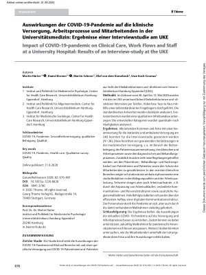 Vorschauseite 1: Auswirkungen der COVID-19-Pandemie auf die klinische Versorgung, Arbeitsprozesse und Mitarbeitenden in der Universitätsmedizin: Ergebnisse einer Interviewstudie am UKE