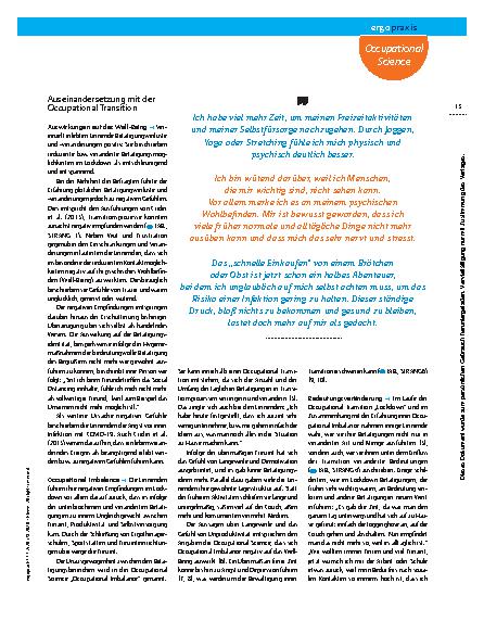 Vorschauseite 4: Auswirkungen des Lockdowns auf Betätigung – Occupational Transition in der Pandemie