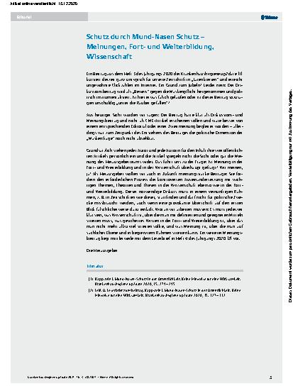 Vorschauseite 1: Schutz durch Mund-Nasen Schutz – Meinungen, Fort- und Weiterbildung, Wissenschaft