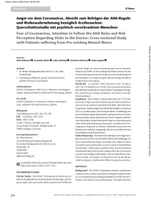 Vorschauseite 1: Angst vor dem Coronavirus, Absicht zum Befolgen der AHA-Regeln und Risikowahrnehmung bezüglich Arztbesuchen: Querschnittsstudie mit psychisch vorerkrankten Menschen