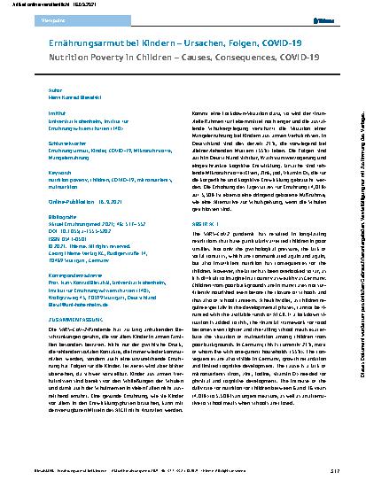 Vorschauseite 1: Ernährungsarmut bei Kindern – Ursachen, Folgen, COVID-19