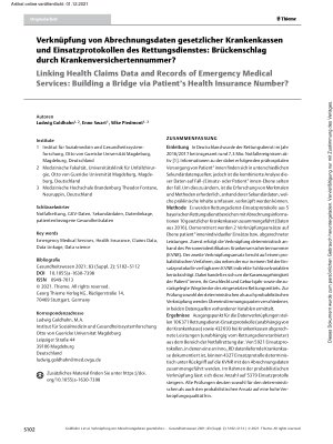 Vorschauseite 1: Verknüpfung von Abrechnungsdaten gesetzlicher Krankenkassen und Einsatzprotokollen des Rettungsdienstes: Brückenschlag durch Krankenversichertennummer?