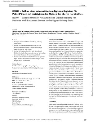 Vorschauseite 1: RECUR – Aufbau eines automatisierten digitalen Registers für Patient*innen mit rezidivierenden Steinen des oberen Harntraktes
