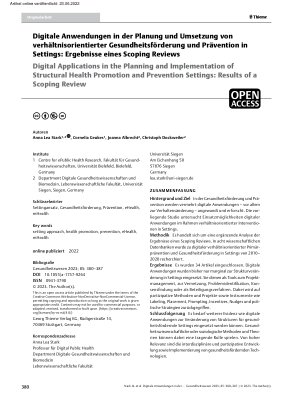 Vorschauseite 1: Digitale Anwendungen in der Planung und Umsetzung von verhältnisorientierter Gesundheitsförderung und Prävention in Settings: Ergebnisse eines Scoping Reviews