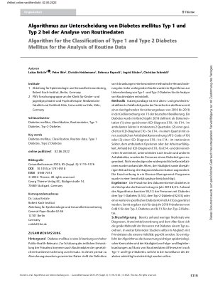 Vorschauseite 1: Algorithmus zur Unterscheidung von Diabetes mellitus Typ 1 und Typ 2 bei der Analyse von Routinedaten