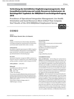 Vorschauseite 1: Verbreitung des betrieblichen Eingliederungsmanagements: Sind Gesundheitsorientierung und soziale Ressourcen bedeutsamer als Betriebsgröße? Ergebnisse der BIBB/BAuA-Erwerbstätigen…