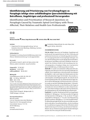 Vorschauseite 1: Identifizierung und Priorisierung von Forschungsfragen zu Paraplegie infolge einer unfallbedingten Querschnittlähmung mit Betroffenen, Angehörigen und professionell Versorgenden