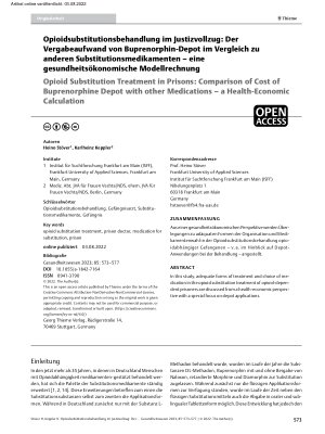 Vorschauseite 1: Opioidsubstitutionsbehandlung im Justizvollzug: Der Vergabeaufwand von Buprenorphin-Depot im Vergleich zu anderen Substitutionsmedikamenten – eine gesundheitsökonomische Modellrec…