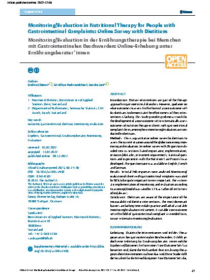 Vorschauseite 1: Monitoring/Evaluation in Nutritional Therapy for People with Gastrointestinal Complaints: Online Survey with Dietitians