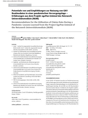 Vorschauseite 1: Potentiale von und Empfehlungen zur Nutzung von GKV Routinedaten in einer pandemischen Versorgungslage – Erfahrungen aus dem Projekt egePan-Unimed des Netzwerk Universitätsmedizin…