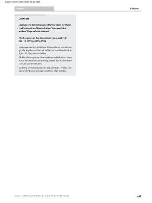 Vorschauseite 1: Erratum: Spezialisierte Behandlung von Darmkrebs in zertifizierten Krebszentren: Müssen Patient*innen wirklich weitere Wege auf sich nehmen?