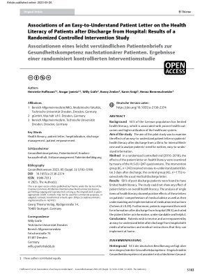 Vorschauseite 1: Assoziationen eines leicht verständlichen Patientenbriefs zur Gesundheitskompetenz nachstationärer Patienten. Ergebnisse einer randomisiert kontrollierten Interventionsstudie