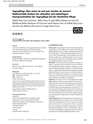 Vorschauseite 1: Tagespflege: Wer nutzt sie und wer möchte sie nutzen? Multivariable Analyse der aktuellen und zukünftigen Inanspruchnahme der Tagespflege bei der häuslichen Pflege