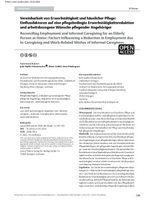 Vorschauseite 1: Vereinbarkeit von Erwerbstätigkeit und häuslicher Pflege: Einflussfaktoren auf eine pflegebedingte Erwerbstätigkeitsreduktion und arbeitsbezogene Wünsche pflegender Angehöriger