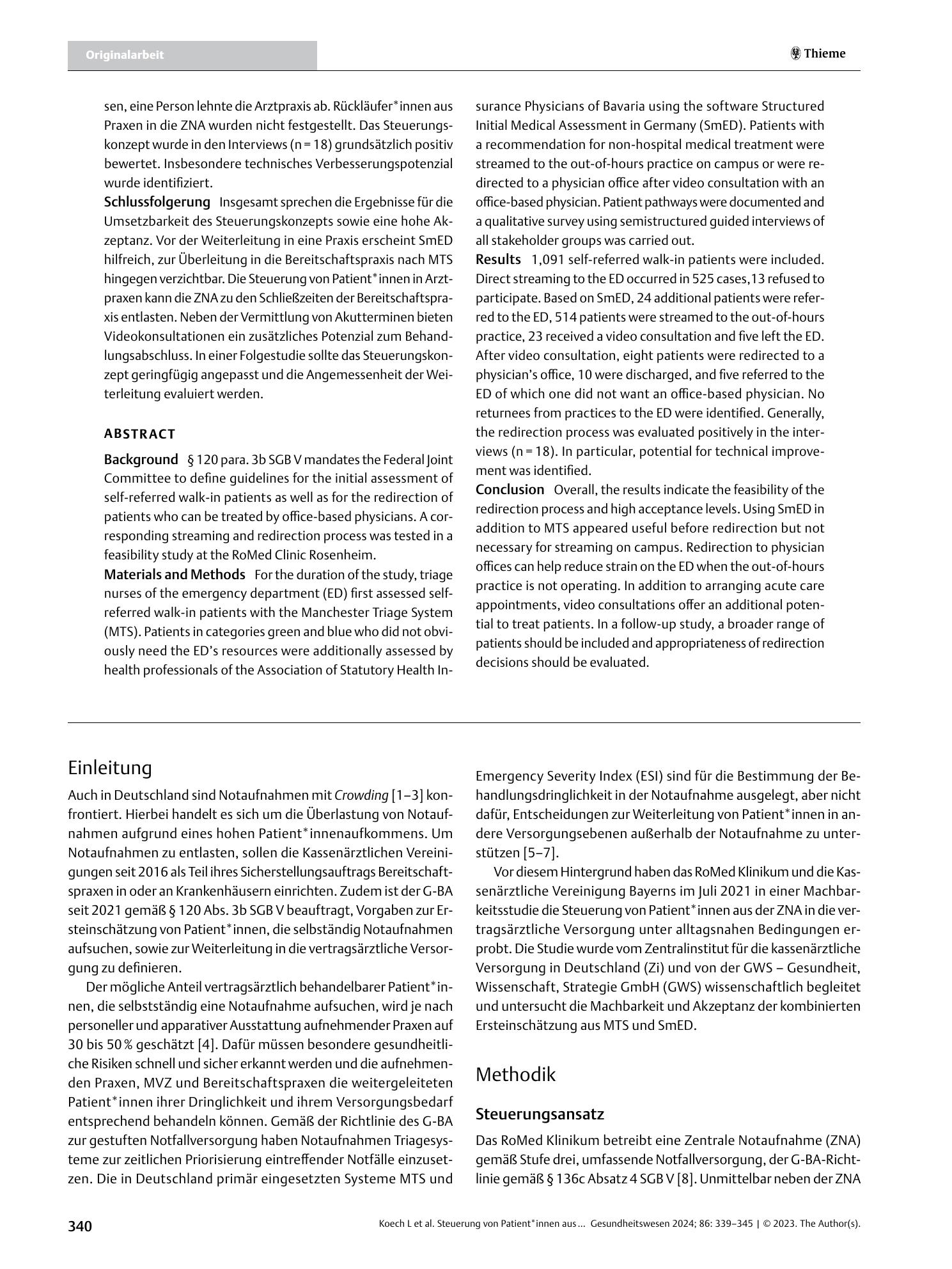 Vorschauseite 2: Steuerung von Patient*innen aus Notaufnahmen in die vertragsärztliche Versorgung: Eine Machbarkeitsstudie