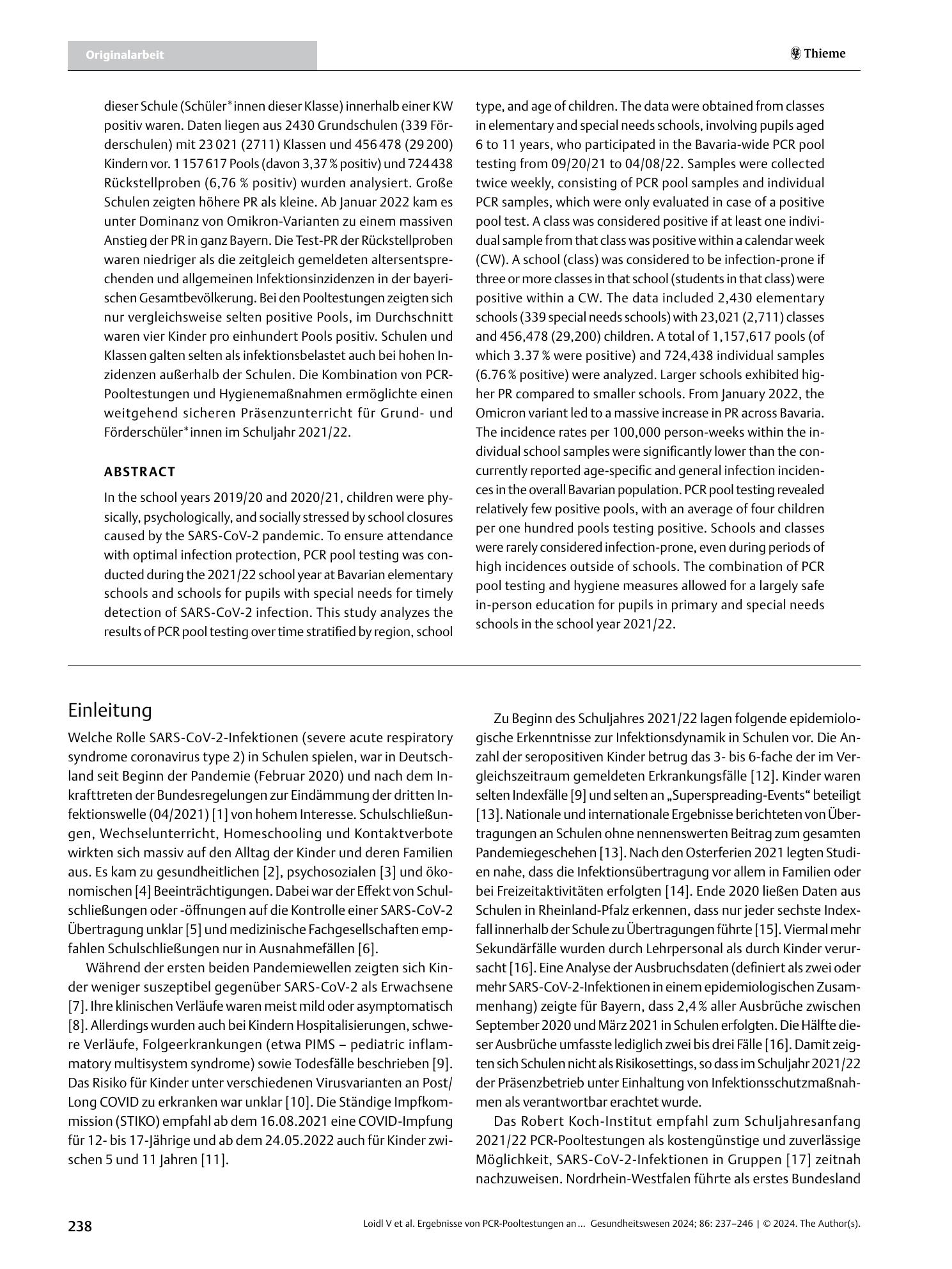 Vorschauseite 2: Ergebnisse von PCR-Pooltestungen an bayerischen Grund- und Förderschulen im Schuljahr 2021/2022 zur Surveillance im Präsenzunterricht während der SARS-CoV-2-Pandemie