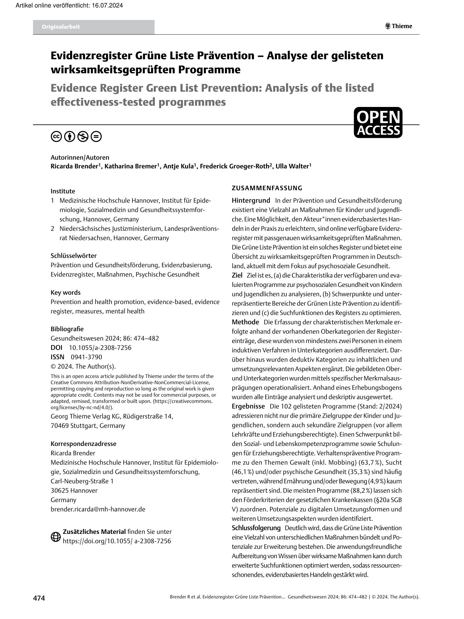 Vorschauseite 1: Evidenzregister Grüne Liste Prävention – Analyse der gelisteten wirksamkeitsgeprüften Programme