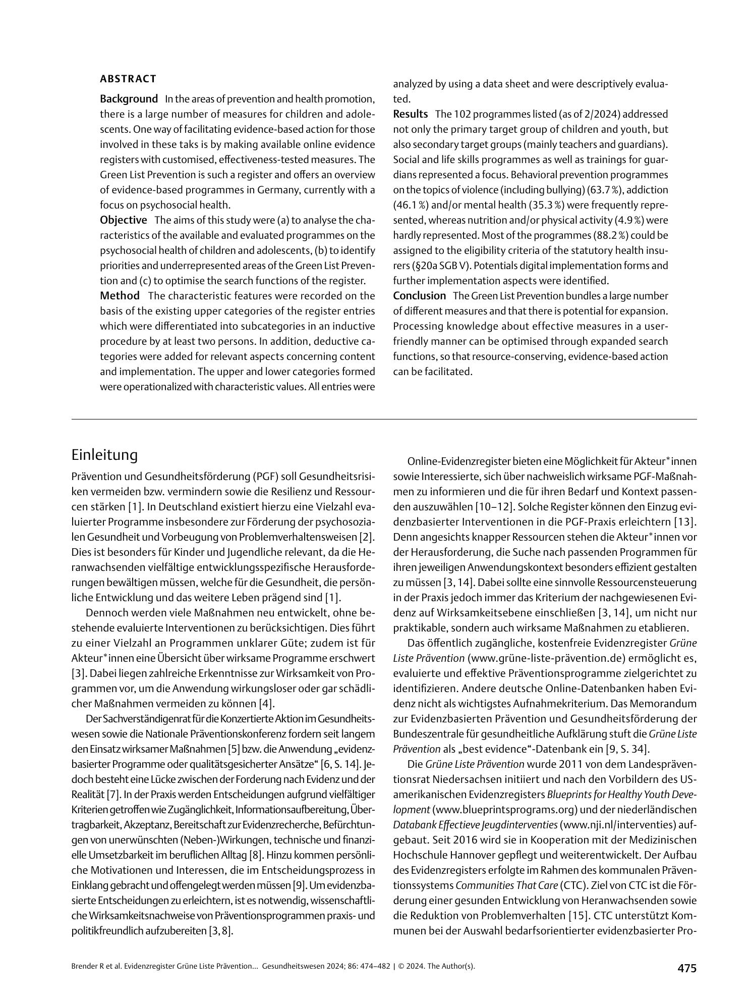 Vorschauseite 2: Evidenzregister Grüne Liste Prävention – Analyse der gelisteten wirksamkeitsgeprüften Programme