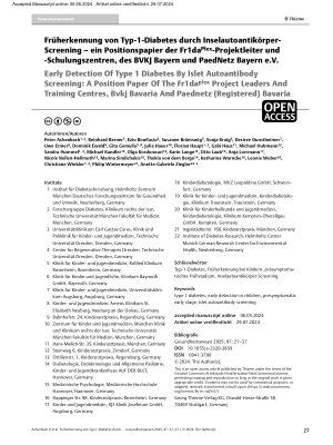 Vorschauseite 1: Früherkennung von Typ-1-Diabetes durch Inselautoantikörper-Screening – ein Positionspapier der Fr1daPlex-Projektleiter und -Schulungszentren, des BVKJ Bayern und PaedNetz Bayern e…
