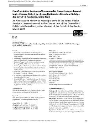 Vorschauseite 1: Ein After Action Review auf kommunaler Ebene: Lessons learned in der Corona-Einheit des Gesundheitsamtes Düsseldorf infolge der Covid-19-Pandemie, März 2023
