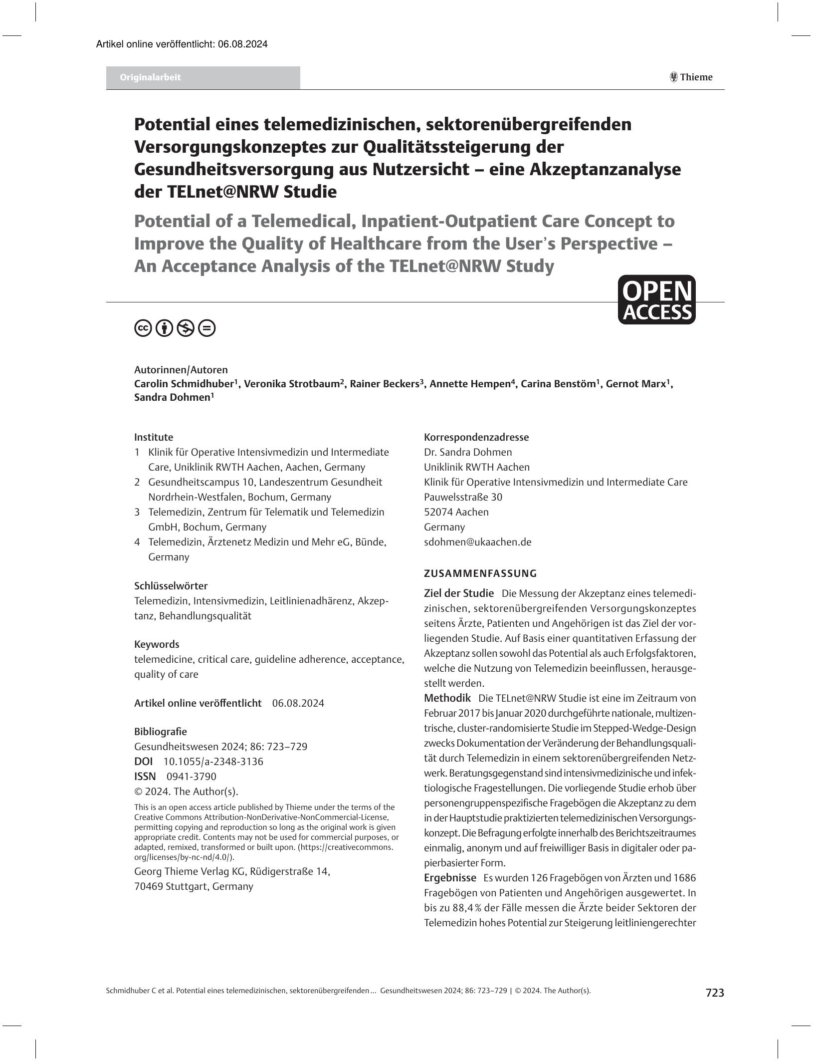Vorschauseite 1: Potential eines telemedizinischen, sektorenübergreifenden Versorgungskonzeptes zur Qualitätssteigerung der Gesundheitsversorgung aus Nutzersicht – eine Akzeptanzanalyse der TELnet…