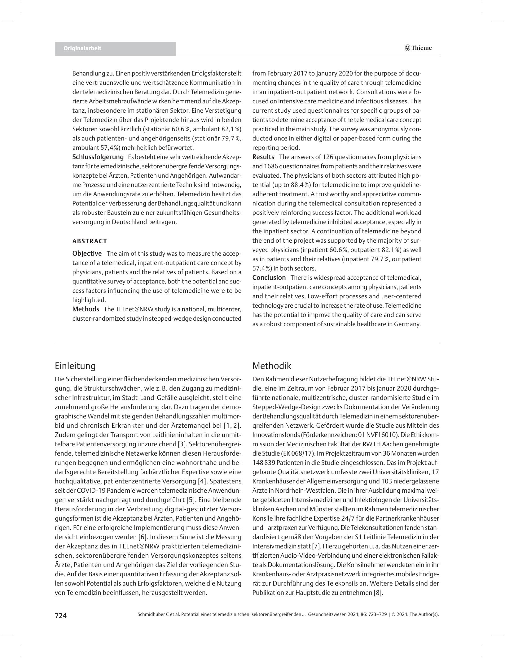 Vorschauseite 2: Potential eines telemedizinischen, sektorenübergreifenden Versorgungskonzeptes zur Qualitätssteigerung der Gesundheitsversorgung aus Nutzersicht – eine Akzeptanzanalyse der TELnet…