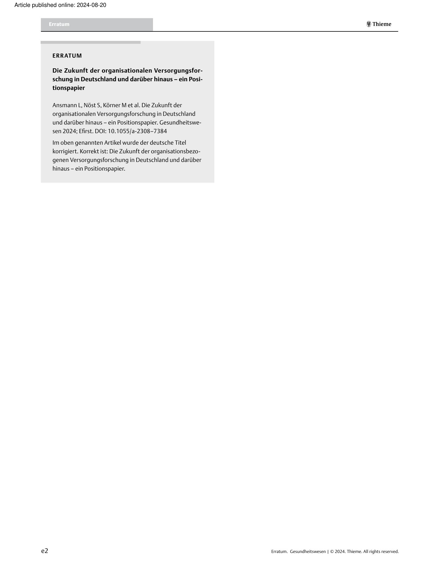 Vorschauseite 1: Correction: Navigating the Future of Organisational Health Services Research in Germany and beyond: a Position Paper