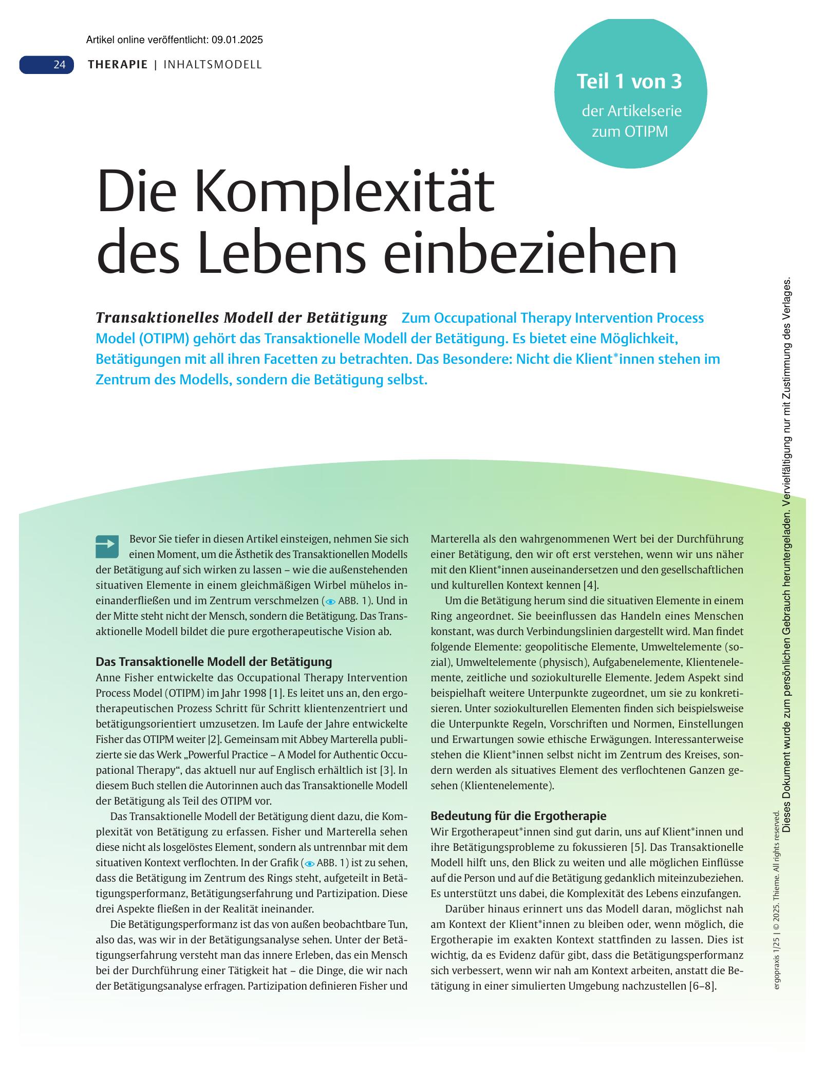 Vorschauseite 1: Die Komplexität des Lebens einbeziehen – Transaktionelles Modell der Betätigung