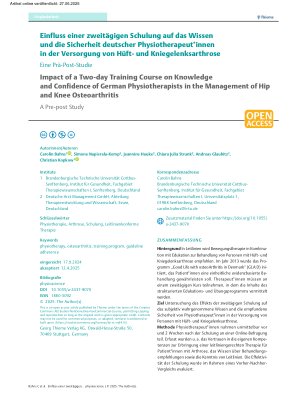 Vorschauseite 1: Einfluss einer zweitägigen Schulung auf das Wissen und die Sicherheit deutscher Physiotherapeut*innen in der Versorgung von Hüft- und Kniegelenksarthrose