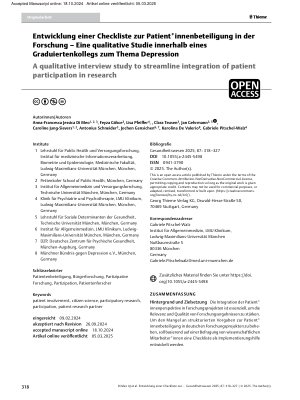 Vorschauseite 1: Entwicklung einer Checkliste zur Patient*innenbeteiligung in der Forschung – Eine qualitative Studie innerhalb eines Graduiertenkollegs zum Thema Depression