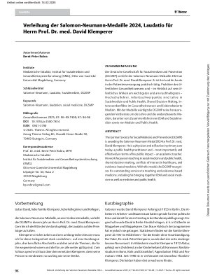 Vorschauseite 1: Verleihung der Salomon-Neumann-Medaille 2024, Laudatio für Herrn Prof. Dr. med. David Klemperer