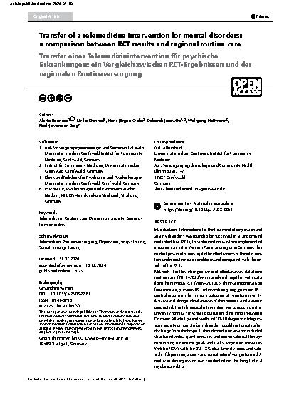 Vorschauseite 1: Transfer of a telemedicine intervention for mental disorders: a comparison between RCT results and regional routine care