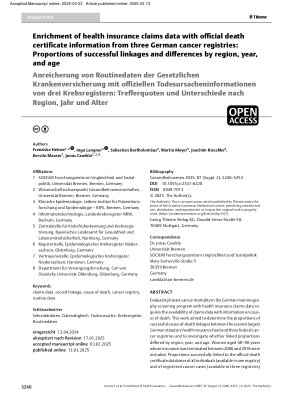 Vorschauseite 1: Enrichment of health insurance claims data with official death certificate information from three German cancer registries: Proportions of successful linkages and differences by r…