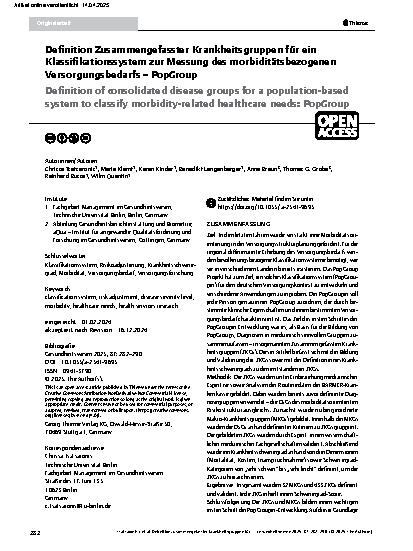 Vorschauseite 1: Definition Zusammengefasster Krankheitsgruppen für ein Klassifikationssystem zur Messung des morbiditätsbezogenen Versorgungsbedarfs – PopGroup