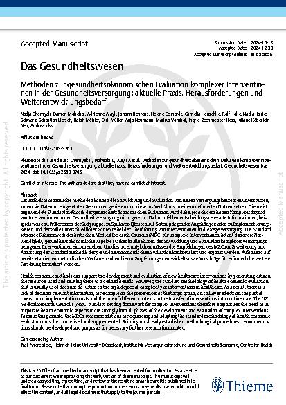 Vorschauseite 1: Methoden zur gesundheitsökonomischen Evaluation komplexer Interventionen in der Gesundheitsversorgung: aktuelle Praxis, Herausforderungen und Weiterentwicklungsbedarf