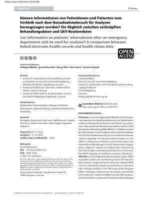 Vorschauseite 1: Können Informationen von Patientinnen und Patienten zum Verbleib nach dem Notaufnahmebesuch für Analysen herangezogen werden? Ein Abgleich zwischen verknüpften Behandlungsdaten un…