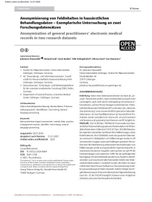 Vorschauseite 1: Anonymisierung von Feldinhalten in hausärztlichen Behandlungsdaten – Exemplarische Untersuchung an zwei Forschungsdatensätzen