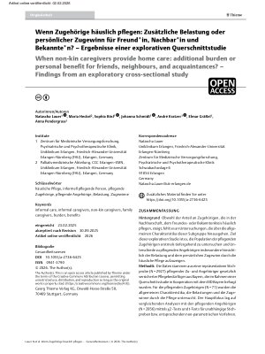 Vorschauseite 1: Wenn Zugehörige häuslich pflegen: Zusätzliche Belastung oder persönlicher Zugewinn für Freund*in, Nachbar*in und Bekannte*n? – Ergebnisse einer explorativen Querschnittstudie