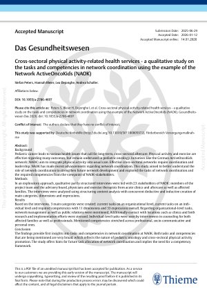 Vorschauseite 1: Cross-sectoral physical activity-related health services - a qualitative study on the tasks and competencies in network coordination using the example of the Network ActiveOncoKid…
