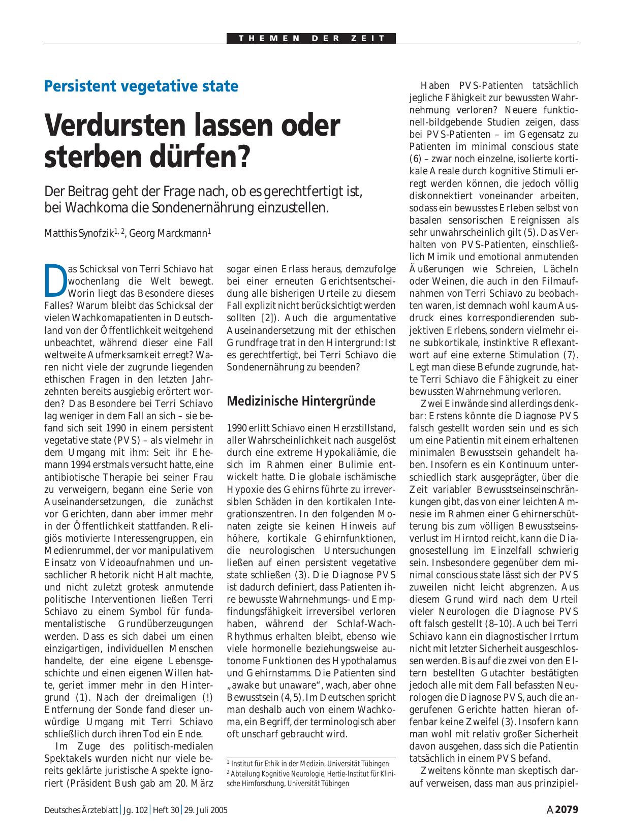Vorschauseite 1: Persistent vegetative state: Verdursten lassen oder sterben dürfen?