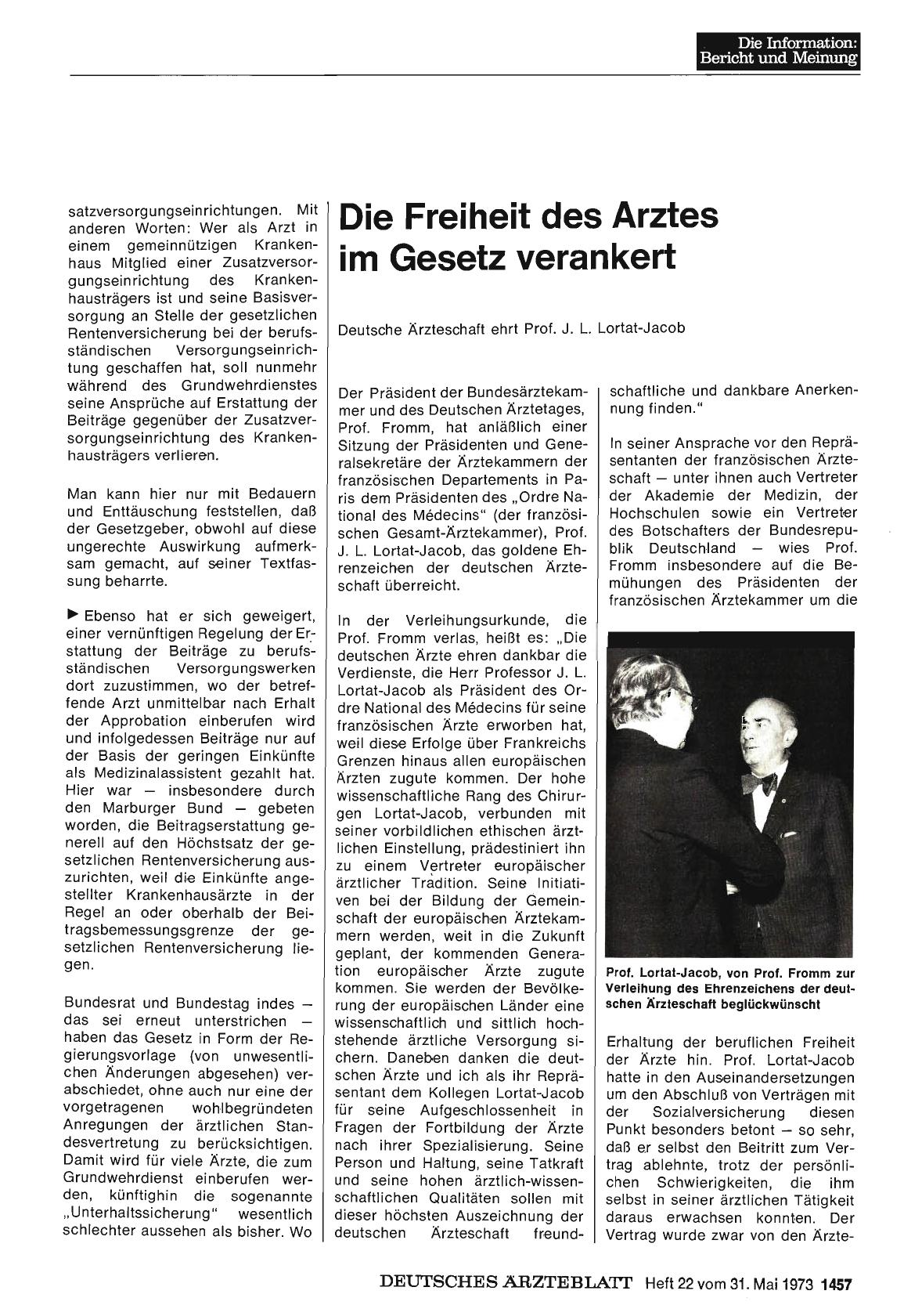 Vorschauseite 1: Die Freiheit des Arztes im Gesetz verankert: Deutsche Ärzteschaft ehrt Prof. J. L. Lortat-Jacob