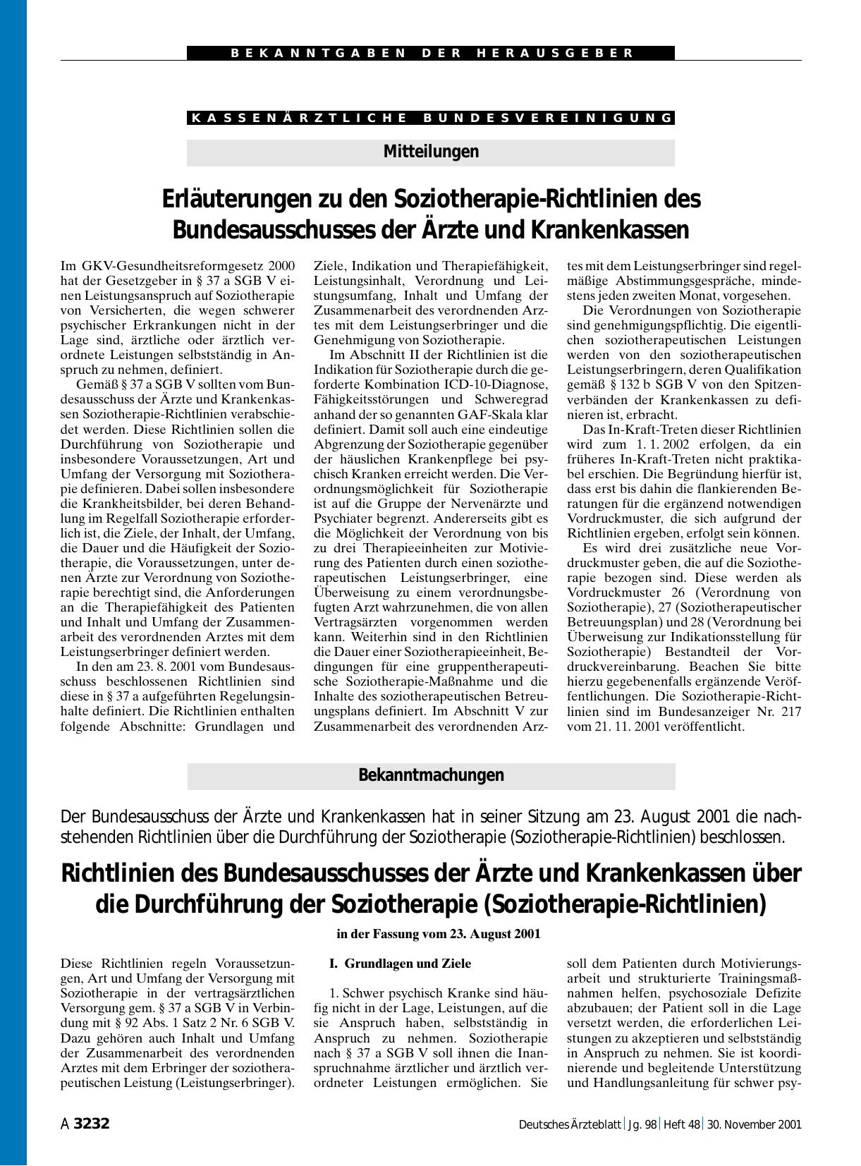 Vorschauseite 1: Mitteilungen: Erläuterungen zu den Soziotherapie-Richtlinien des Bundesausschusses der Ärzte und Krankenkassen