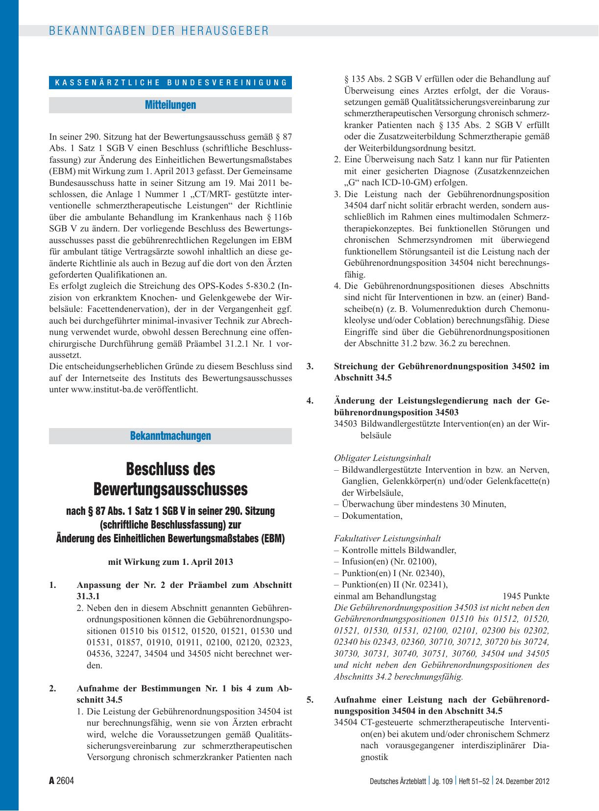 Vorschauseite 1: Beschluss des Bewertungsausschusses nach § 87 Abs. 1 Satz 1 SGB V in seiner 290. Sitzung (schriftliche Beschlussfassung) zur Änderung des Einheitlichen Bewertungsmaßstabes (EBM)