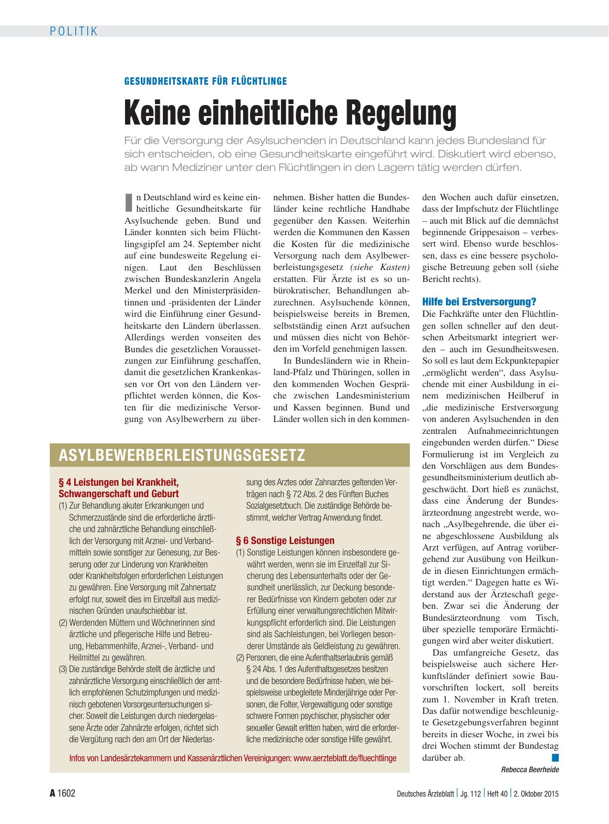 Vorschauseite 1: Gesundheitskarte für Flüchtlinge: Keine einheitliche Regelung