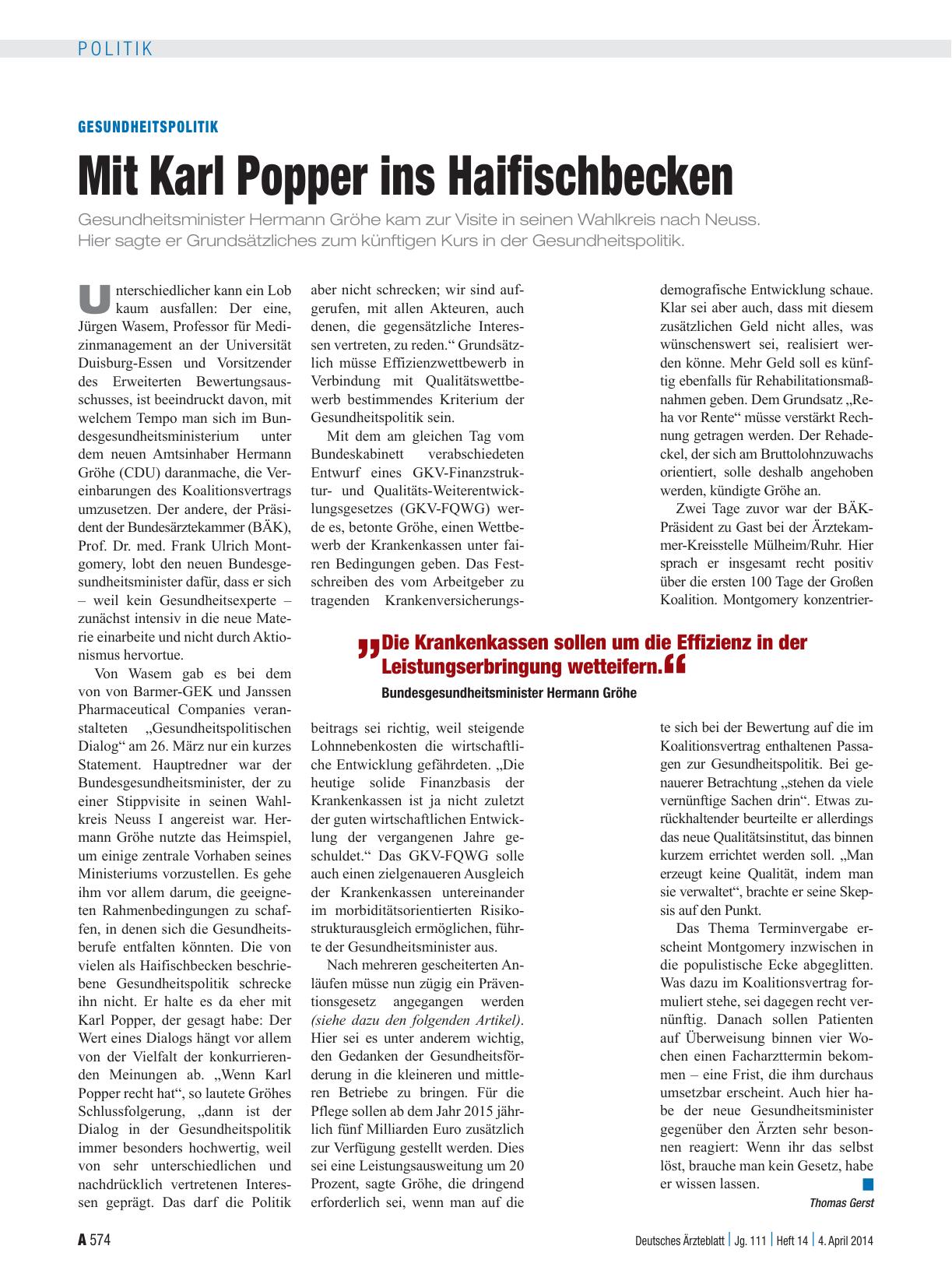 Vorschauseite 1: Gesundheitspolitik: Mit Karl Popper ins Haifischbecken