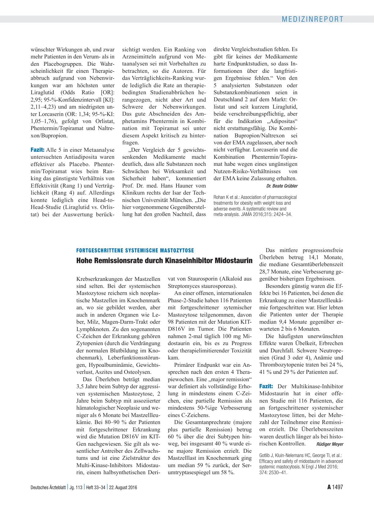 Vorschauseite 1: Fortgeschrittene systemische Mastozytose: Hohe Remissionsrate durch Kinaseinhibitor Midostaurin