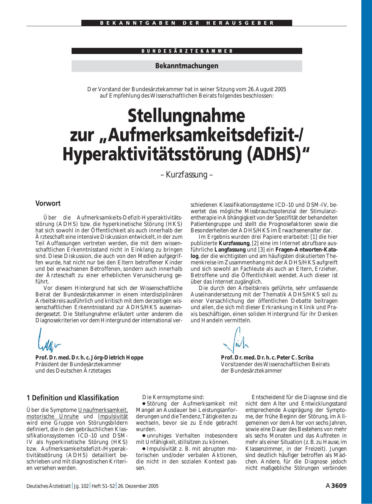 Vorschauseite 1: Bekanntmachungen: Stellungnahme zur „Aufmerksamkeitsdefizit-/ Hyperaktivitätsstörung (ADHS)“