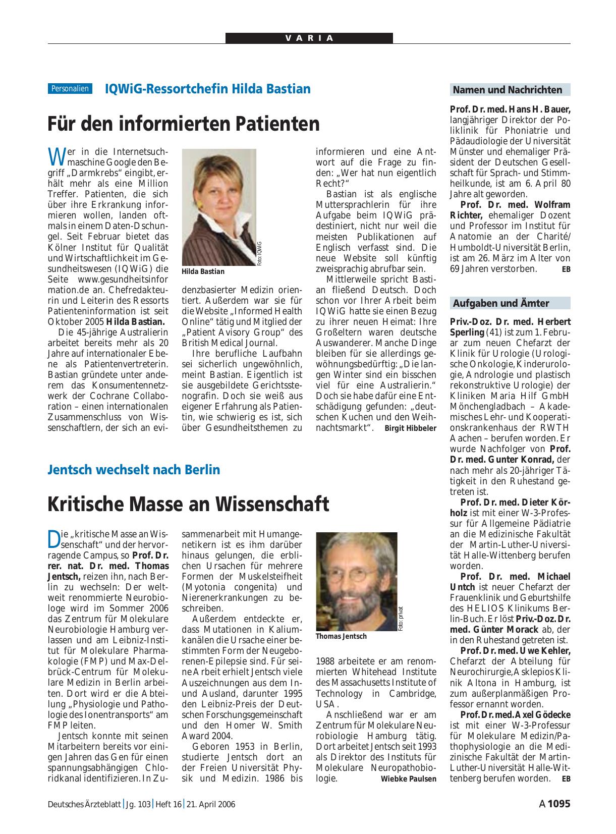Vorschauseite 1: IQWiG-Ressortchefin Hilda Bastian: Für den informierten Patienten